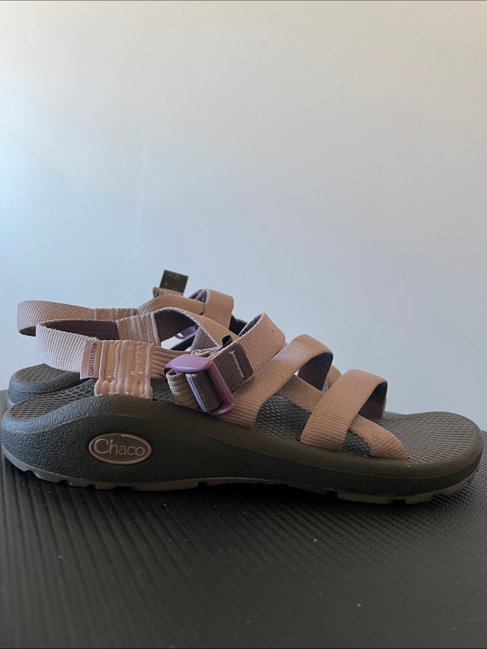 Chaco Cloud Women's Strappy Sandal in Lavender and Gray with Purple Buckle